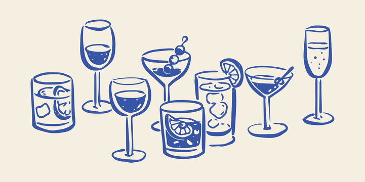 Cocktail glasses set naive doodle vector illustration
