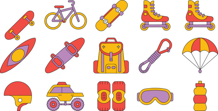 Extreme sports and outdoor adventure icon set featuring skateboard bicycle roller skates kayak backpack parachute helmet and monster truck for active lifestyle vector design.