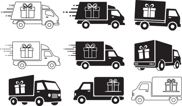 Delivery truck icon set carrying a gift box for festive occasion.Delivery truck icon set vector illustraton.