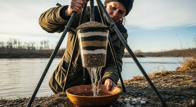 Person filters water through a layered natural filtration system beside a river.