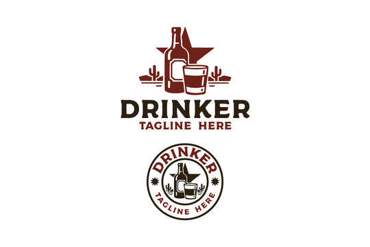 Whiskey bottle and glass retro badge logo design set for western lifestyle. Liquor bottle with dessert vintage patch symbol pack for adventure. Drinker with alcohol and glass rustic element designs