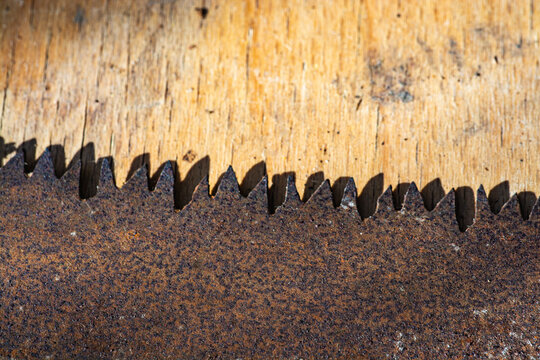 Gros plan sur les dents d'une vieille scie rouill&eacute;e sur une planche de bois.