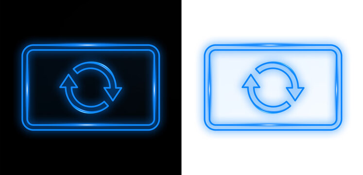A Split View Displaying a Glowing Neon Blue Refresh Icon Centered Inside a Rounded Rectangular Frame Over Contrast Backgrounds