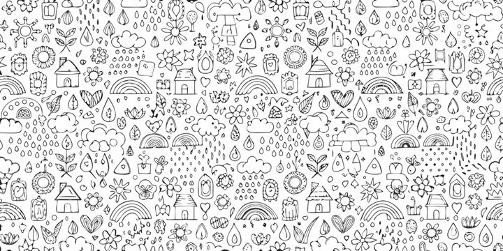 Whimsical black and white doodle pattern with flowers rainbows and houses