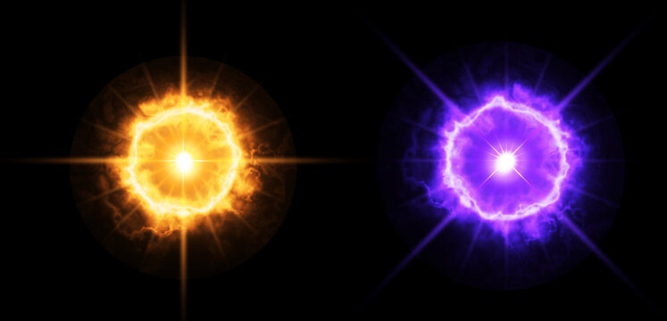 Two glowing magical energy orbs featuring vibrant orange and purple light flares isolated on a deep black background design