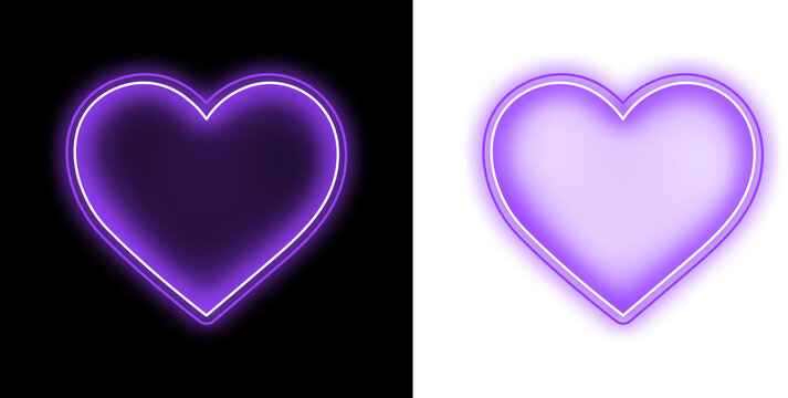 Two Glowing Purple Neon Heart Icons Side By Side Against Contrasting Black And White Backgrounds For Digital Design Projects