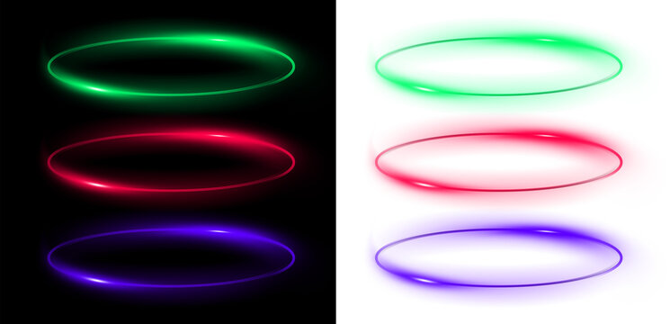 Abstract Glowing Neon Rings Set Featuring Vibrant Green Red and Purple Circular Light Effects on Contrast Black and White Backgrounds 