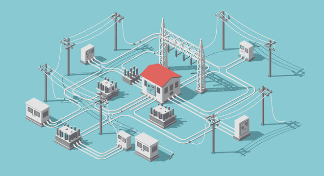 Isometric illustration of an electrical power grid with a central station, transformers, and utility poles connected by wires on a blue background.