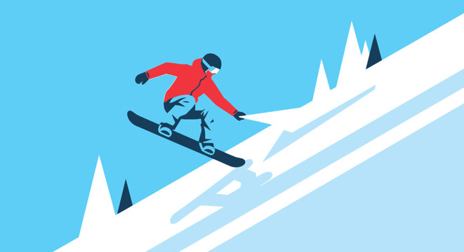 An active snowboarder performing an extreme action jump on a snowy mountain slope during a fast-paced winter sports vacation