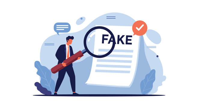 Professional businessman investigates document with word fake using large magnifying glass representing fraud detection and verification.