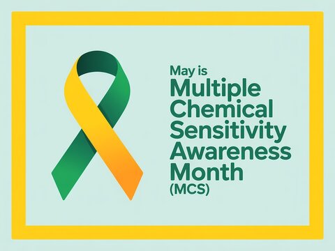 Multiple chemical sensitivity awareness month concept with green and yellow ribbon on light blue background