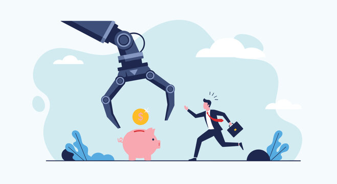 Businessman runs to protect a pink piggy bank from a giant robotic claw representing financial security and saving money from threats.
