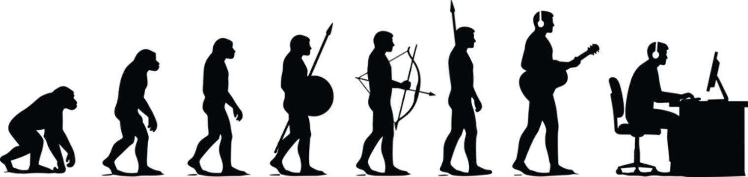 Evolution of man silhouette from primitive ancestors and hunters to modern musician and office worker sitting at computer desk for human progress concept vector.