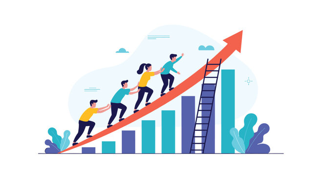 Group of diverse business people pushing a large red upward growth arrow over a bar graph to signify team success.