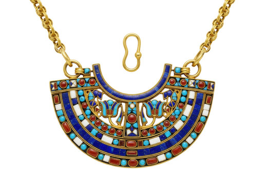 exquisite ancient egyptian pectoral necklace of polished gold and vibrant cloisonn&eacute; inlay (lapis lazuli, turquoise, carnelian), displayed on white, emphasizing masterful historical craftsmanship