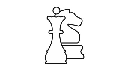 Minimalist black vector icon illustration of chess pieces featuring a queen and knight, symbolizing strategy, competition, and tactical thinking in a clean line art style on white background. © Md