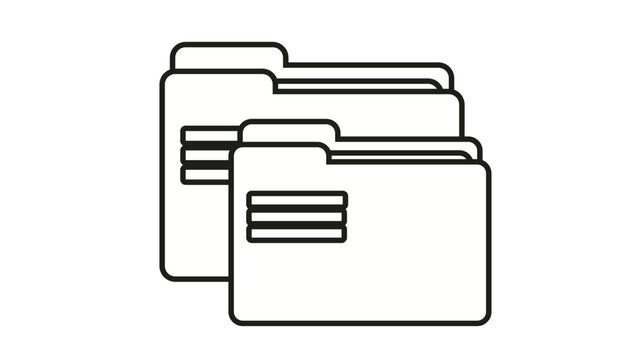 Black line art vector icon of multiple file folders stacked together. Minimalist design representing document organization, data storage, archive management, and office filing systems.