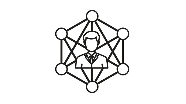 Professional business network vector icon illustration featuring a businessman silhouette at the center of a hexagonal node structure representing connectivity, social media, and corporate hierarchy.