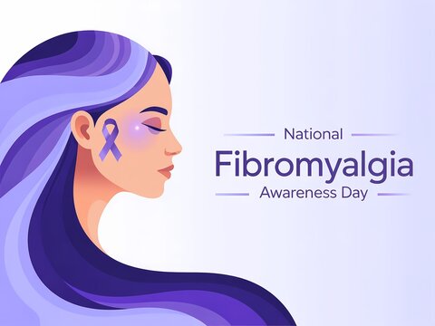 National fibromyalgia awareness day illustration with a woman profile and purple ribbon