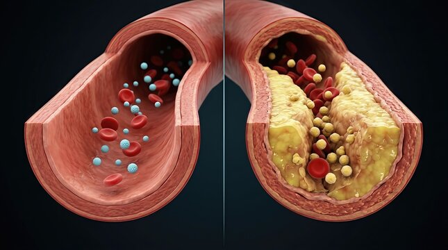 Arterial condition comparison: cholesterol level, lipid profile, plaque development, vascular damage, heart ailment, blood blockage, system imbalance, health concern.