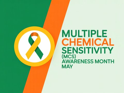 Multiple chemical sensitivity awareness month in may with green and orange ribbon symbol