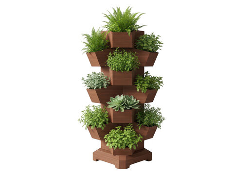 A modern hexagonal stacked planter tower filled with various lush green plants on transparent background