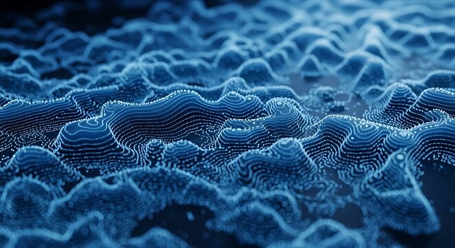 Blue topographic map landscape with glowing contour lines and depth of field