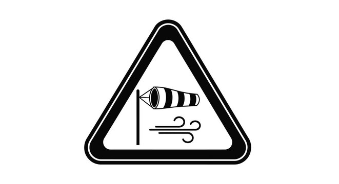 Black and white triangular road sign depicting strong crosswinds ahead
