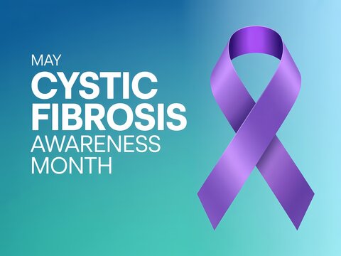 Cystic fibrosis awareness month in may with purple ribbon symbol on blue gradient background