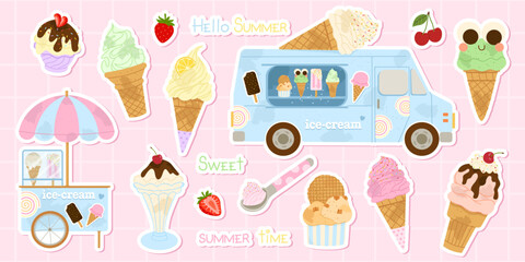 Ice cream sticker collection. Cute creamy  desserts, waffle cones, popsicles, ice cream truck and street cart with umbrella. Perfect for kids product and summer design. Flat vector illustration. © Nataliia Vyshnytska