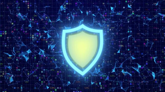 Cybersecurity VPN Network Concept Featuring A Glowing Blue Digital Shield Icon Centered On A Dark Blue Tech Background With Interconnected Plexus Lines, Floating Data Points, And Flickering VPN Text F