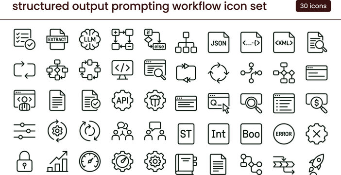 Structured output prompting workflow outline icon set with data extraction validation formatting symbols for dashboards apps presentations web interface development systems