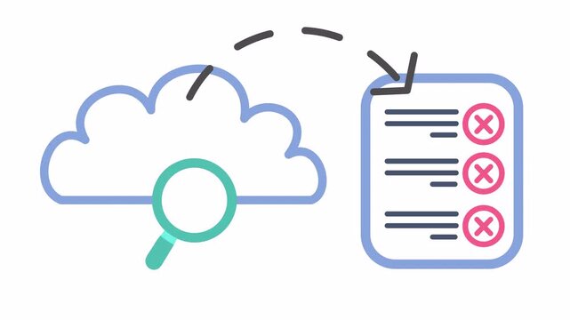 Error checkmark on the cloud infrastructure website for the online document report in the alpha channel. Failed data transfer notification with a cross mark. Rejected the result website in the upload.