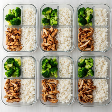 Healthy Meal Prep Glass Containers with Grilled Chicken Breast Steamed Broccoli and White Rice