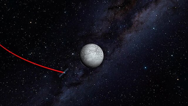 3D animation showing orbital insertion of Dawn space probe around Vesta and Ceres in asteroid belt.