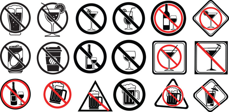 No alcohol or beverages allowed prohibition signs with drink illustration