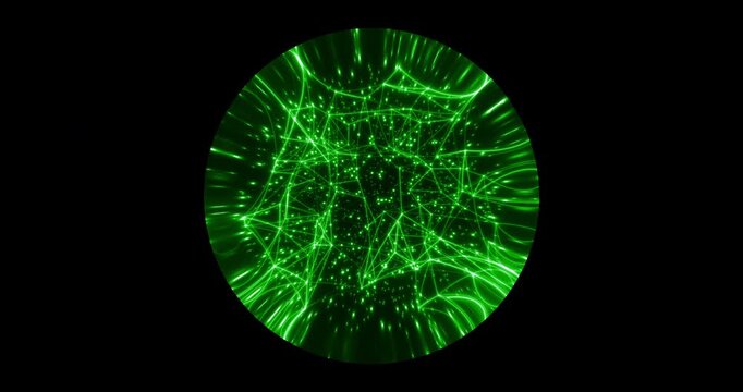 Seamless loop. An abstract luminous sphere demonstrates the dynamic motion of particles moving in a circle. The internal structure of many intertwining lines and dots alternately disintegrates and ref
