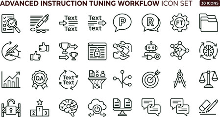 Naklejka premium Advanced instruction tuning workflow outline icon set with optimization analytics configuration automation symbols for dashboards apps presentations web interface development systems