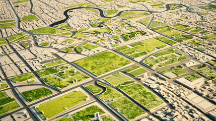 Fototapeta premium Urban Landscape & City Planning: Aerial Photography of Green Spaces, Infrastructure, & Architecture - Top View of Modern Design & Development