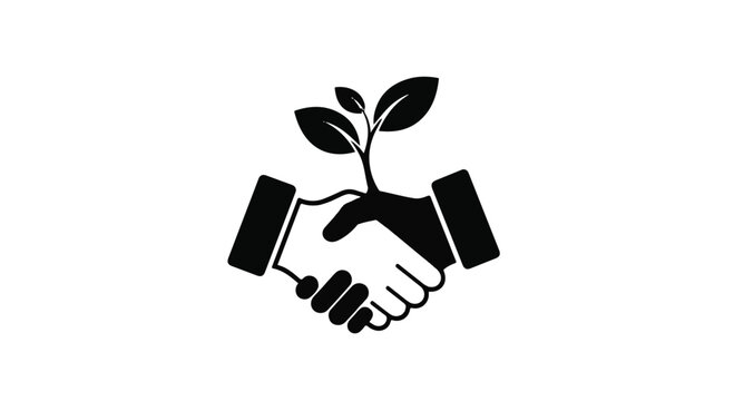 Hands shaking in agreement with a growing plant emerging from the handshake, representing growth and partnership.