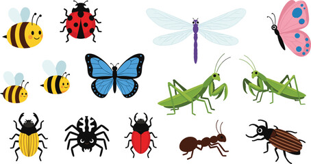 Set of insects including butterfly bee ladybug dragonfly ant and beetle, colorful bug collection, nature wildlife vector illustration © Prodip
