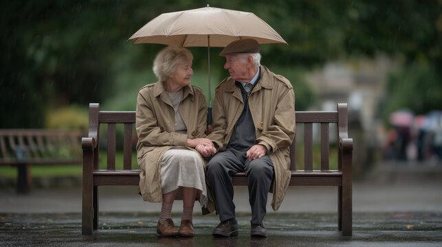 Older couple on rain-soaked park bench under shared umbrella, hands intertwined on lap, mature faces reflected in puddle before them, June shower surrounding warm intimacy, perfect for senior romanc
