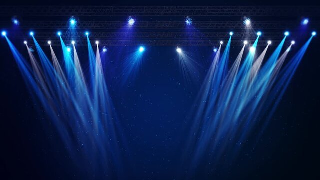 Stunning stage set design lighting, ideal for concerts, events, or presentations Grand stage bathed in shining blue lights soft glowing sparkling star bokeh specks. Evening performance concept 3D 4K