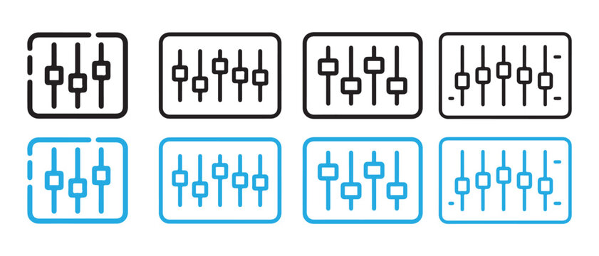 Set of audio mixer fader icons. with black and blue line art, representing control and sound adjustment vector illustration.