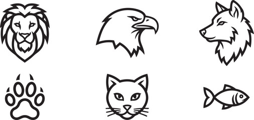 Fototapeta premium Minimalist Animal Vector Icons – Lion, Wolf, Eagle, Cat, Fish, Paw Print