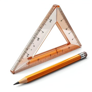 Geometry tools - transparent triangle ruler and yellow pencil on white.