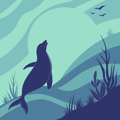 Seal, ocean, sea, aquatic, illustration, blue, waves, silhouette, marine life, wildlife © Avhijit