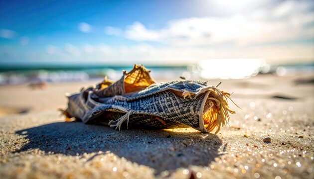 A weathered piece of sailcloth with salt stains and fraying edges rests on a sandy beach under a bright blue sky and sunlight.