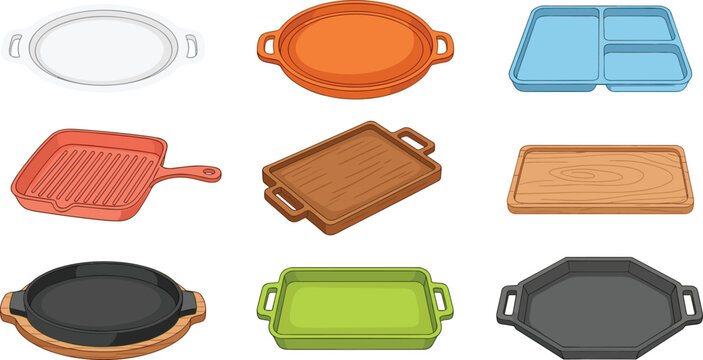Set of kitchen trays and serving platters, cooking and baking utensils collection, wooden and metal cookware, food presentation vector illustration