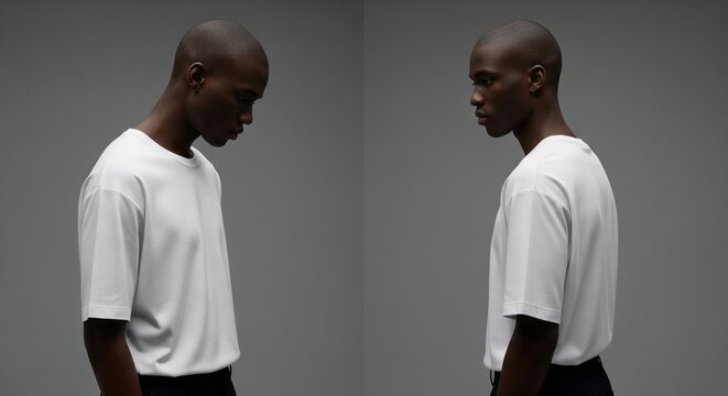 Two bald black men wearing white t-shirts looking down in a minimalist studio shot against a neutral gray backdrop for fashion and style